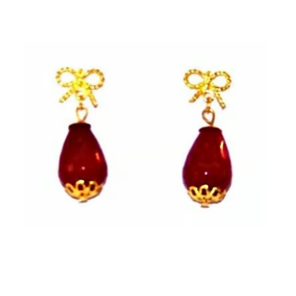 Gold Bowtie Ruby Jade Drop Earrings - Picture 3 of 3